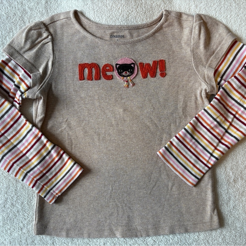 Gymboree Beige 'Meow' Cat Long Sleeve Tee with Striped Sleeves, Sz 5T
